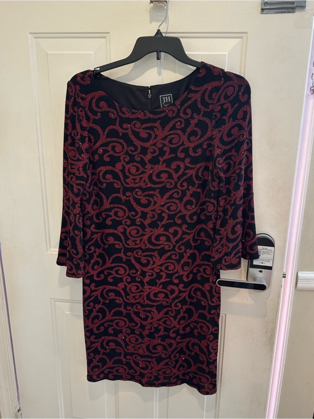 JH Black Mini Dress with Burgundy Swirl Pattern